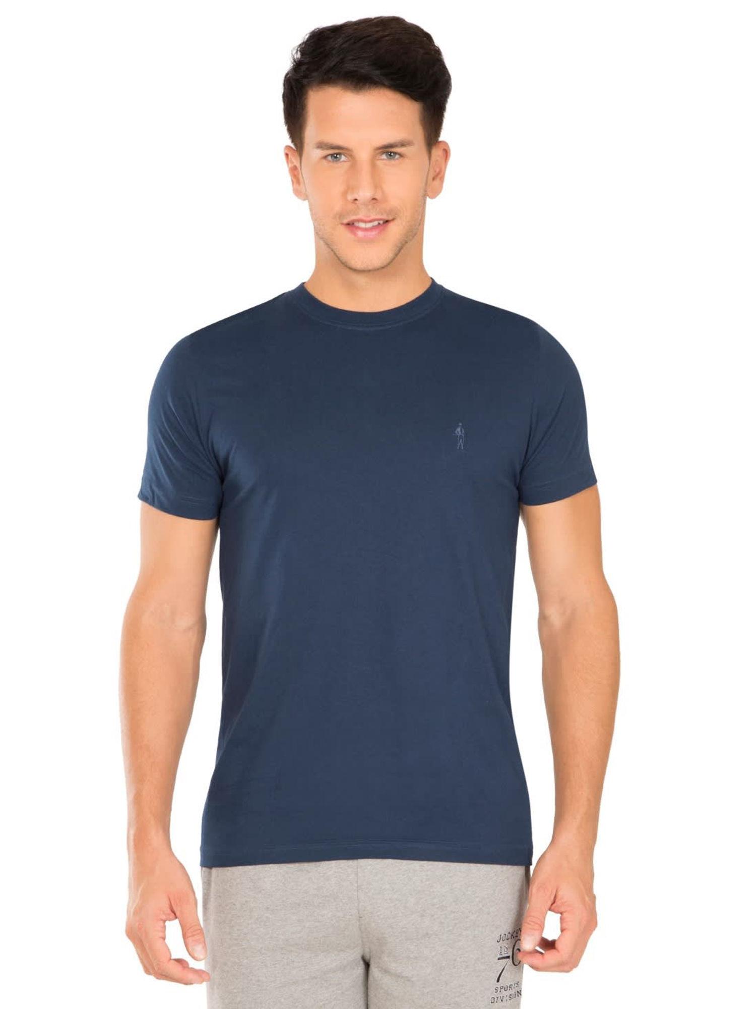 2714 men's super combed cotton rich solid round neck half sleeve t-shirt - navy
