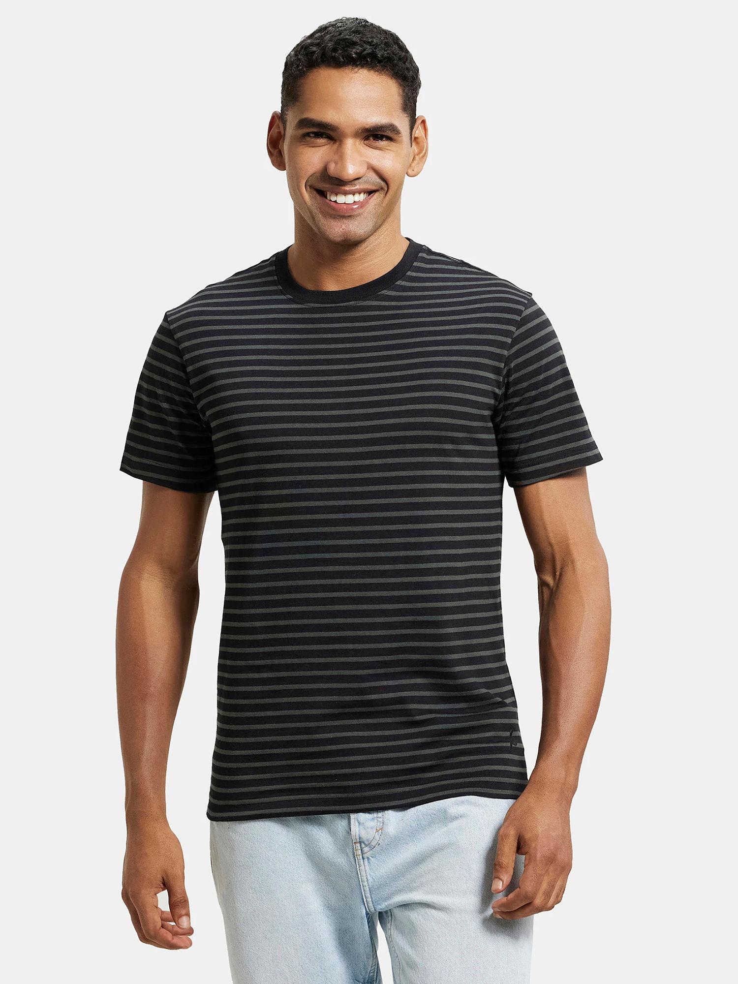 2715 super combed cotton rich striped round neck half sleeve t-shirt black & olive