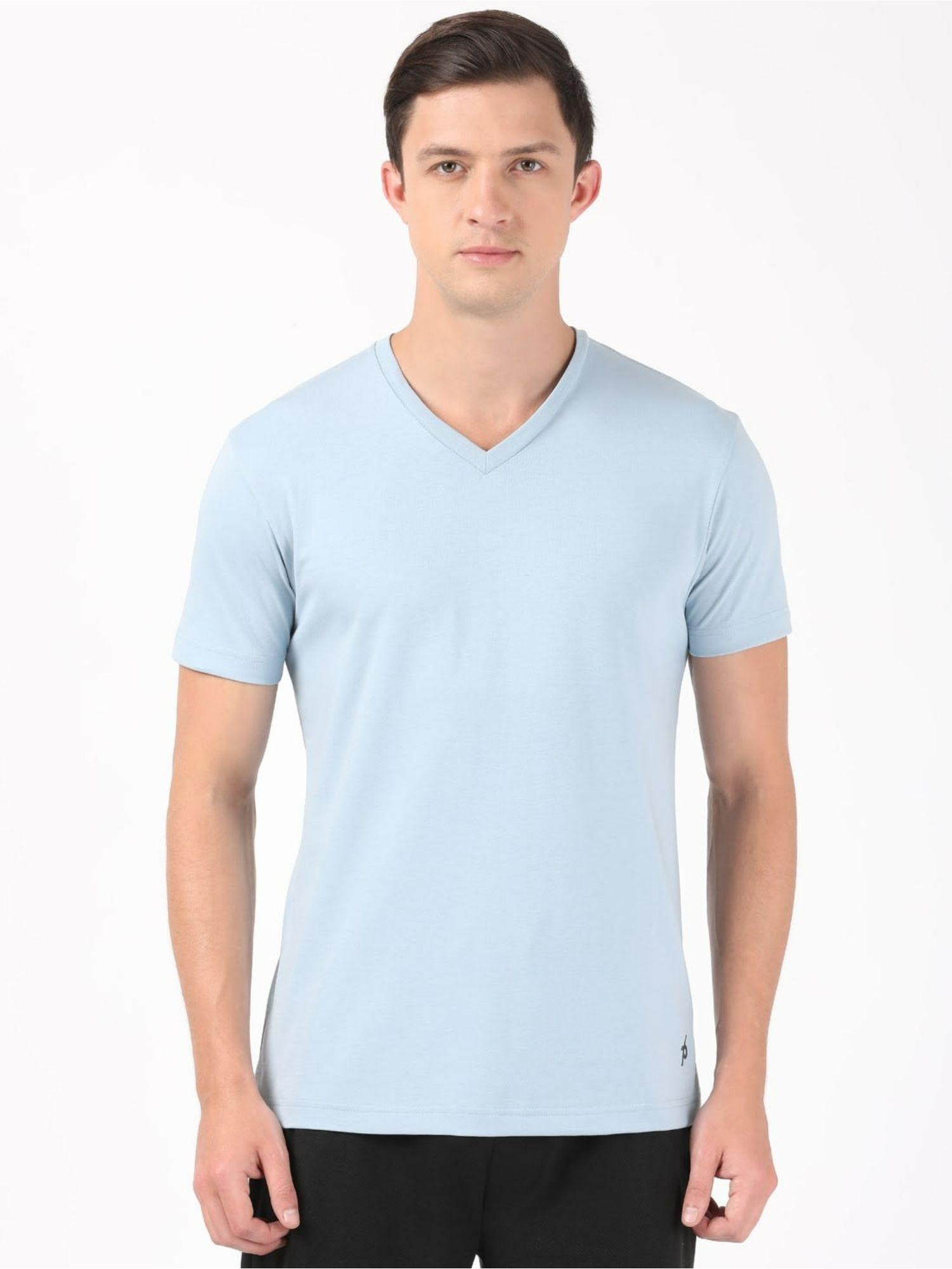 2726 mens super combed cotton rich solid v neck half sleeve t-shirt dusty blue