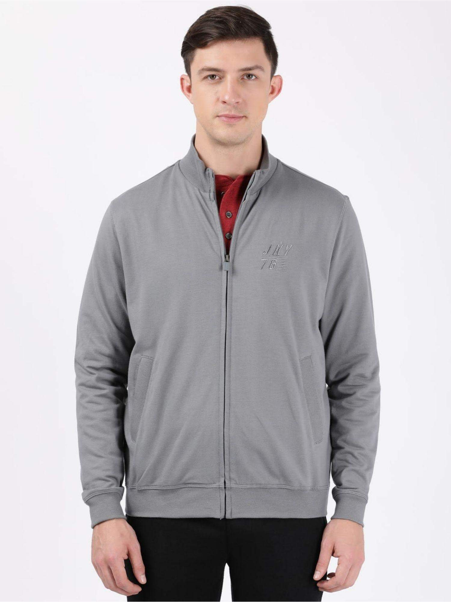 2730 mens cotton french terry solid jacket with convenient side pockets-grey