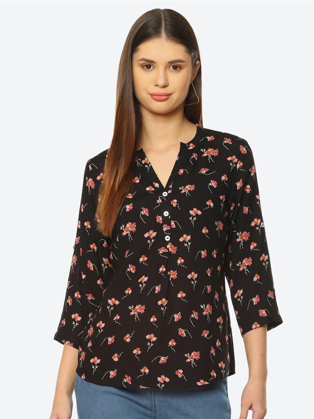 2bme black floral print mandarin collar top