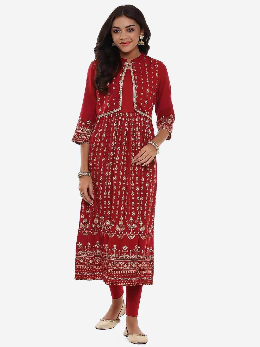 2bme ethnic motifs printed mandarin collar flared anarkali kurta