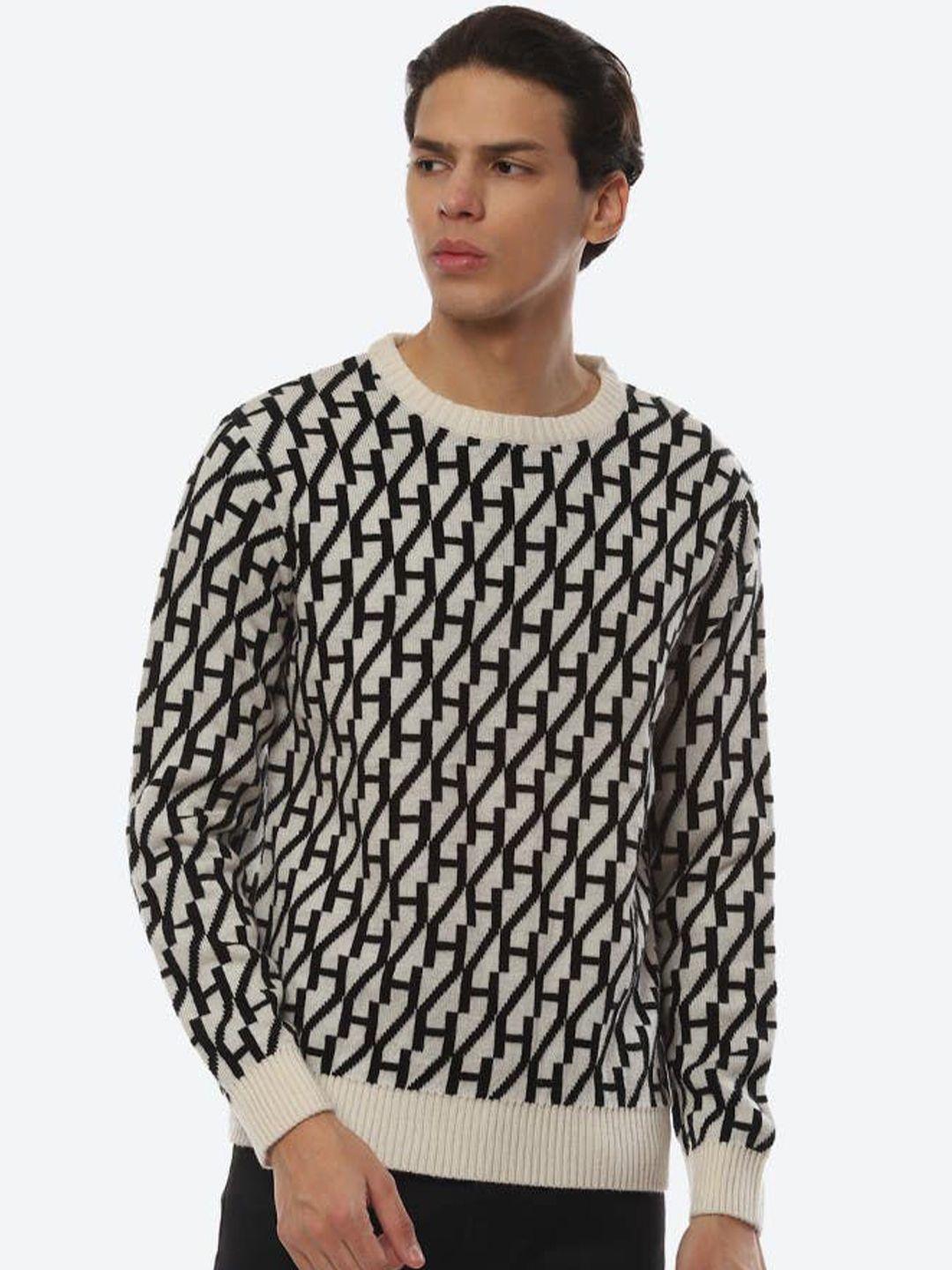 2bme geometric self design round neck long sleeve pullover sweater