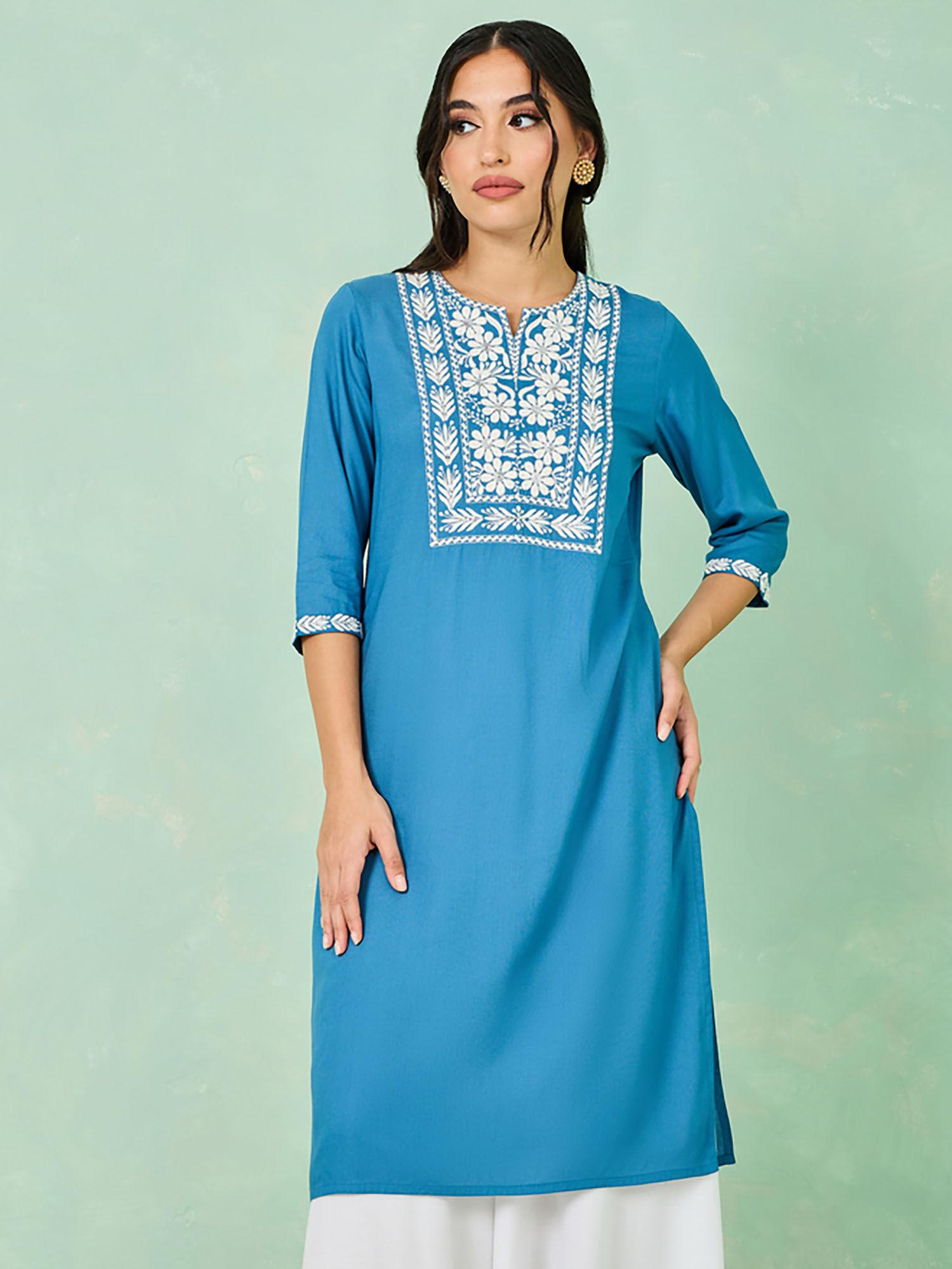 3/4 sleeve embroidered a-line kurta blue