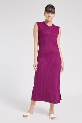 3/4 sleeves relaxed fit cotton women's dress - aubergine