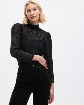 3/4 slv crochet lace top, black, xs