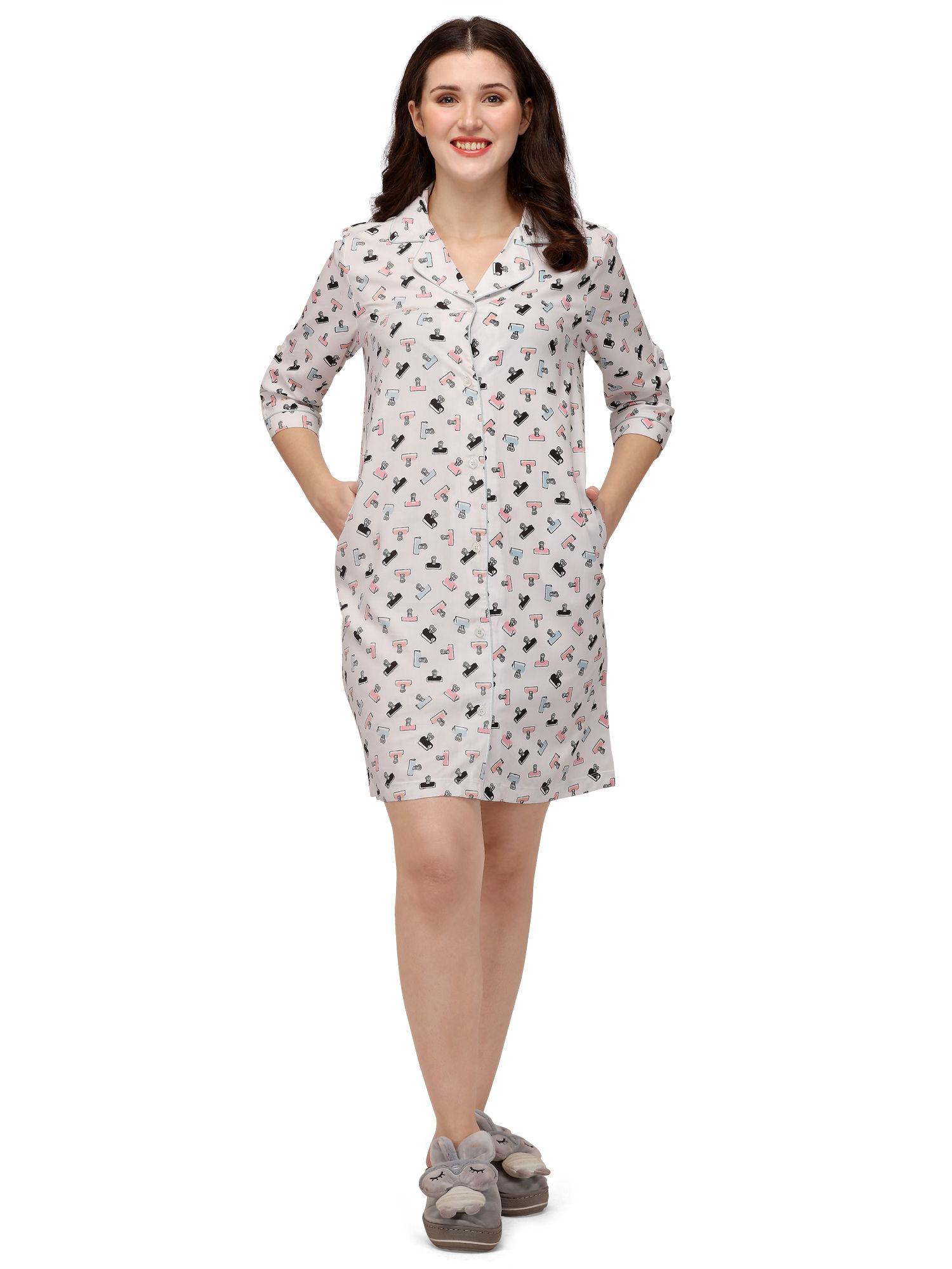 3/4th sleeve printed knee length nightdress - multi-color