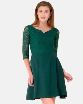 3/4th sleeves a-line dress with lace detail