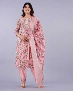 3-piece floral print straight kurta set