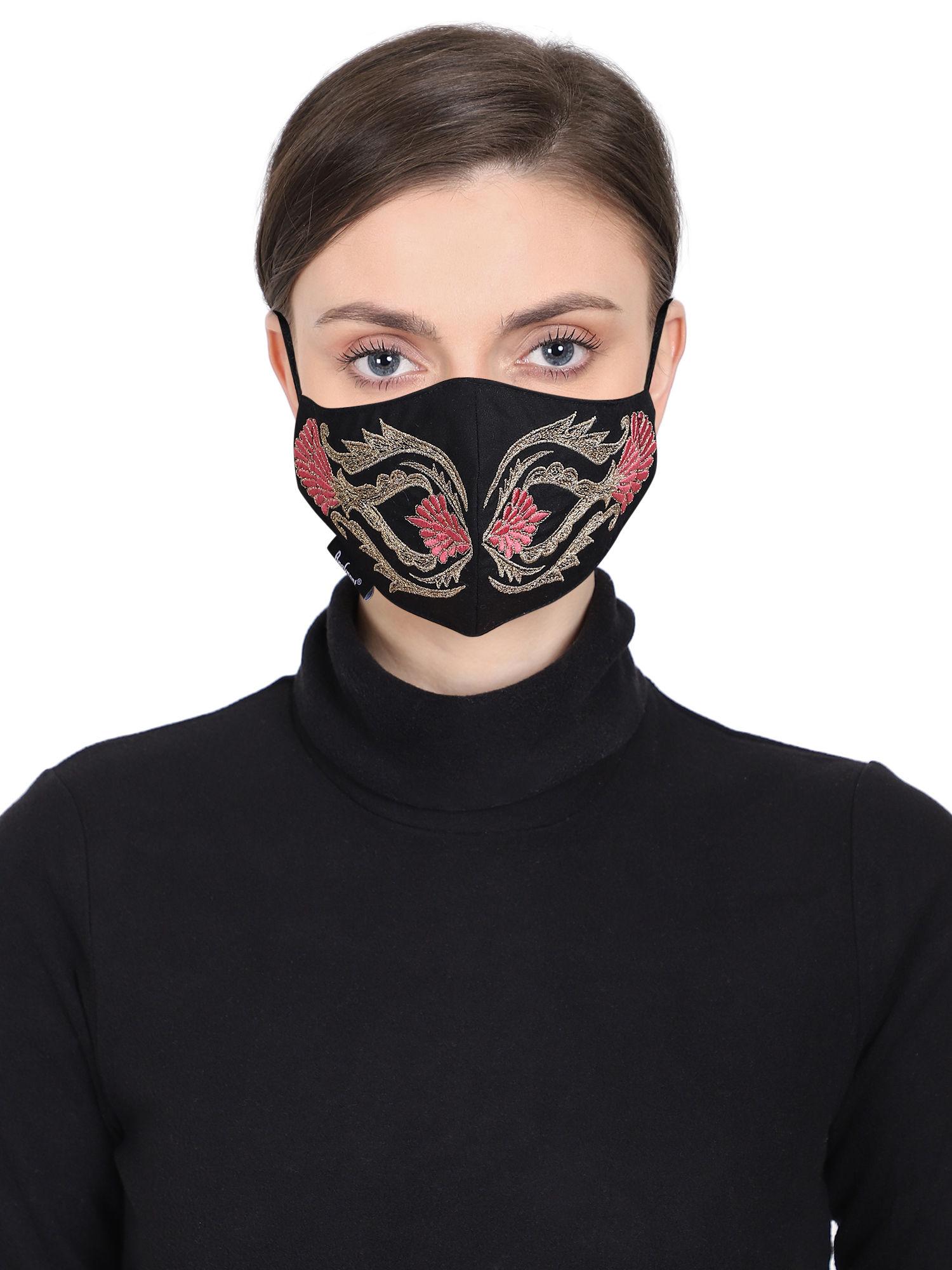 3-ply reusable black & pink embroidered cotton fabric fashion mask