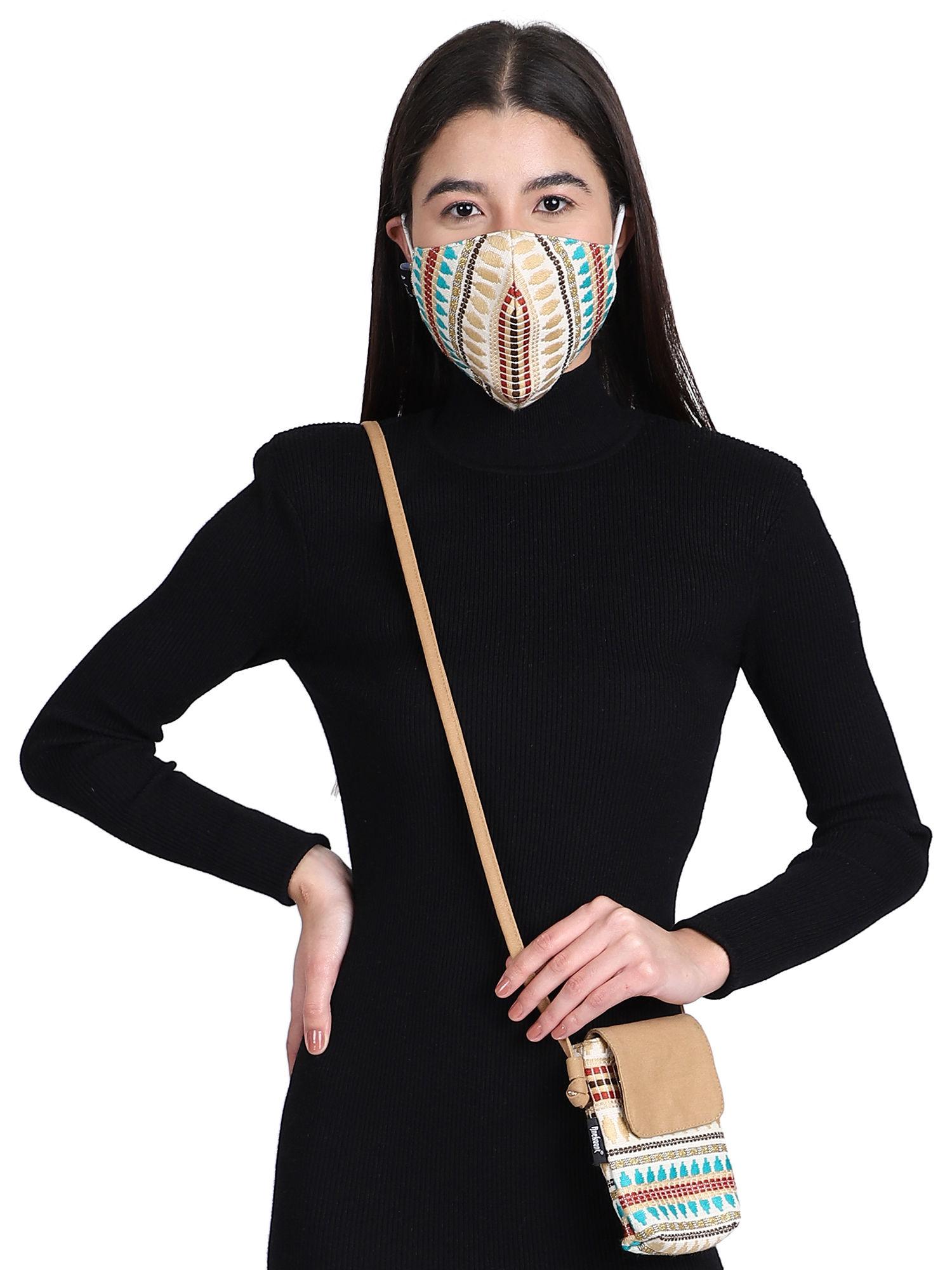 3-ply beige & multi cotton jacquard fabric fashion mask with mobile sling (combo pack)