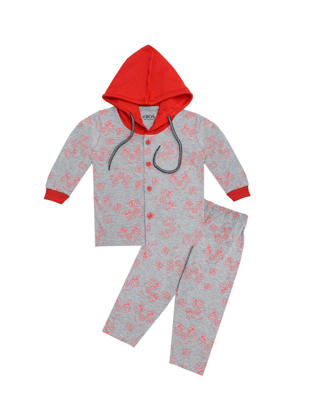 3bros unisex kids grey melange & red printed cotton hooded neck t-shirt & full pyjama set
