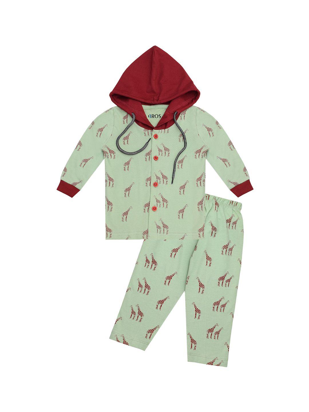3bros-unisex-kids-olive-green-&-maroon-printed-t-shirt-with-pyjamas