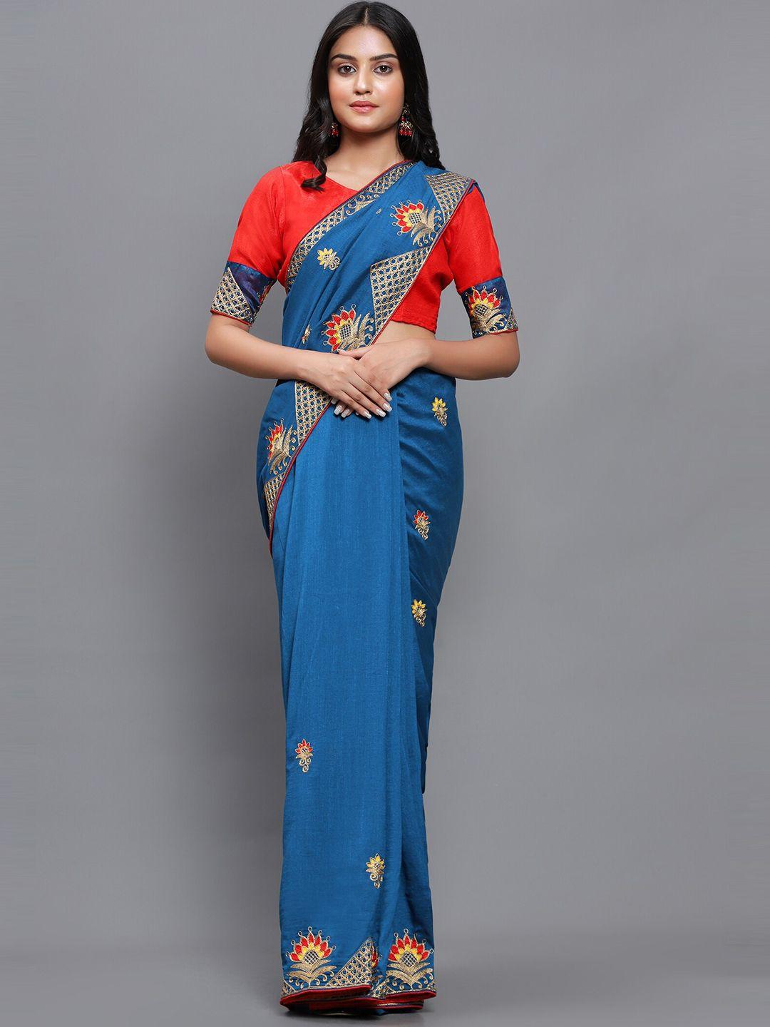 3buddy fashion turquoise blue & red floral embroidered jute silk venkatgiri saree