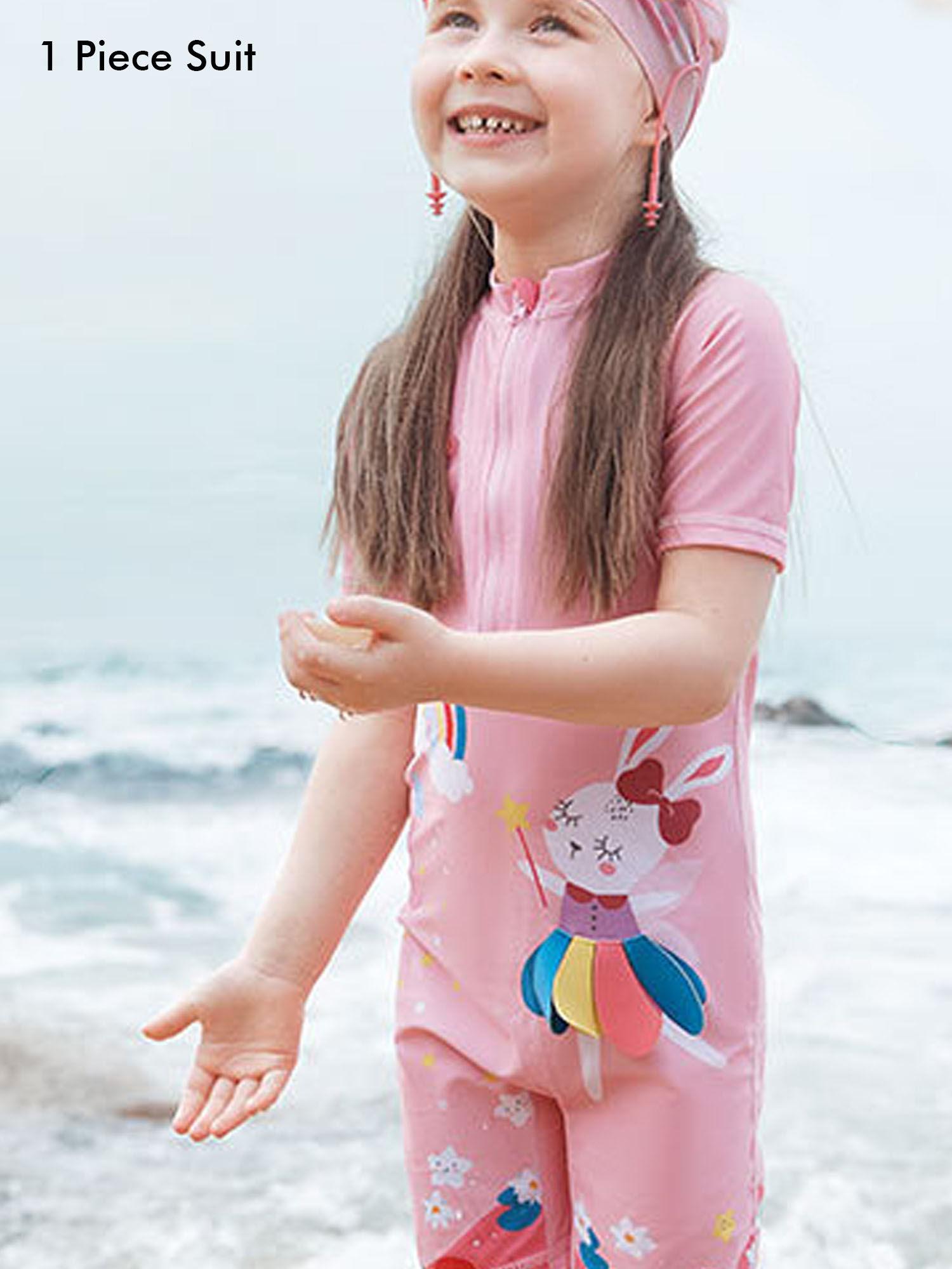 3d pink rabbit fairy print swimwear for kids (set of 2)