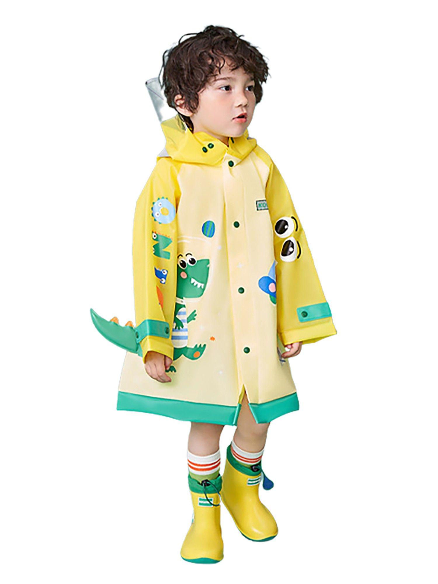 3d applique yellow dino sleeves kids raincoat