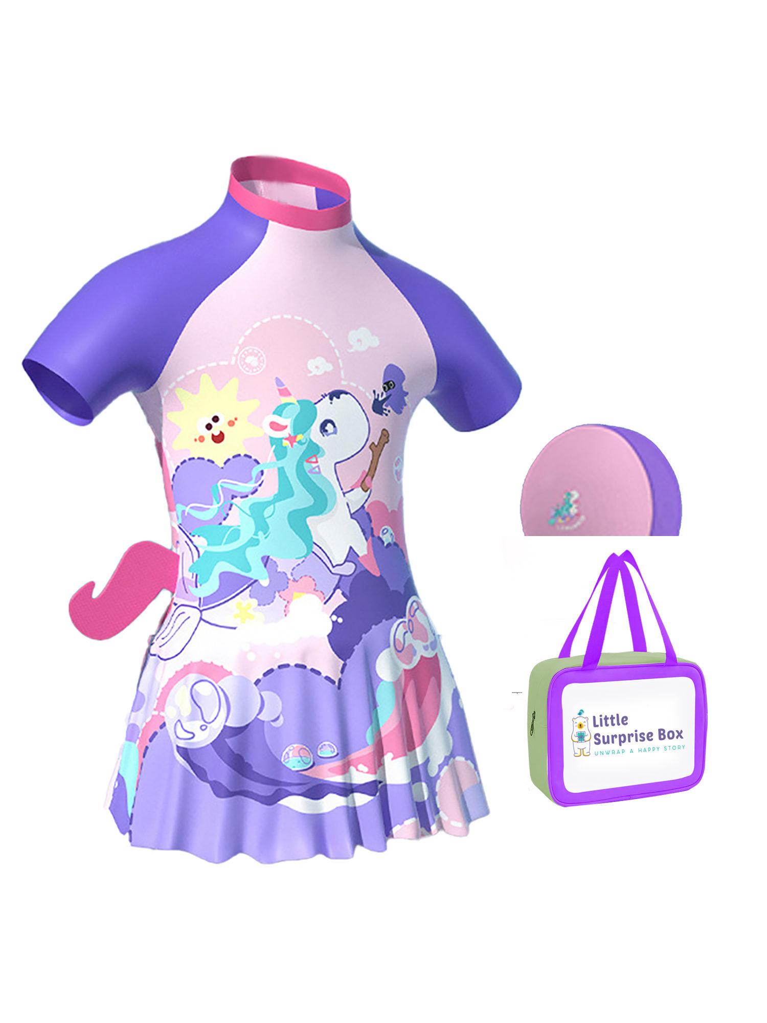 3d tail purple mermaid unicorn frock style kids swimwear-shorts & swim cap