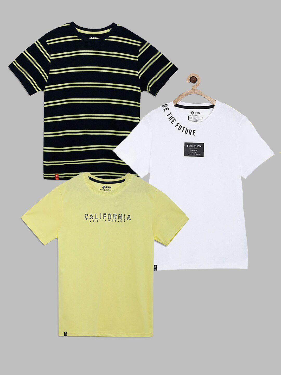 3pin boys  yellow and white typography 3 striped monochromet-shirt