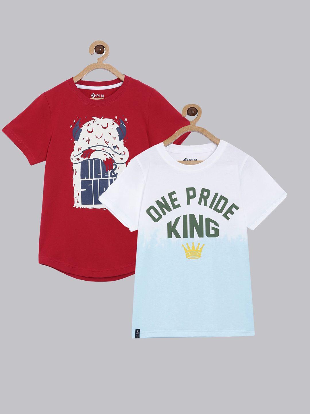 3pin boys pack of 2 red & blue typography printed regular-fit t-shirts