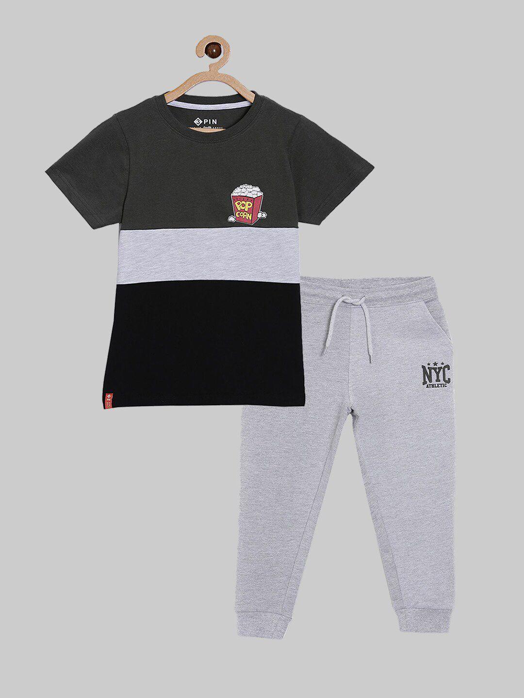 3pin boys grey & black colourblocked pure cotton t-shirt with trousers