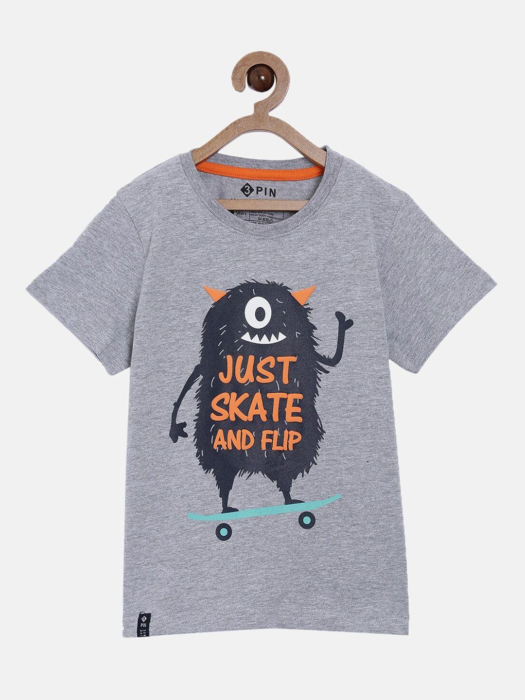 3pin boys grey  black typography drop-shoulder sleeves pure cotton t-shirt