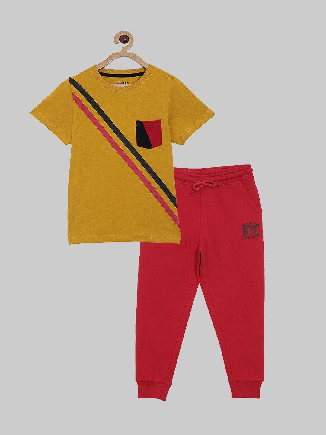 3pin boys mustard & red printed 2 piece cotton t-shirt jogger clothing set