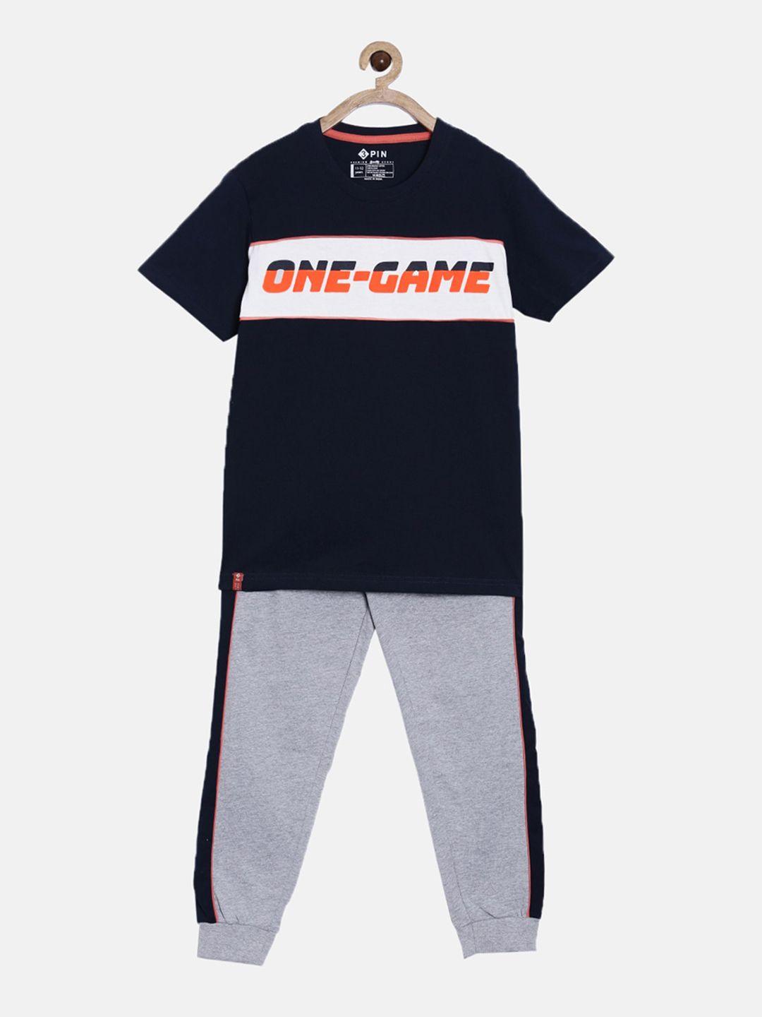 3pin boys navy blue & grey printed pure cotton t-shirt with joggers