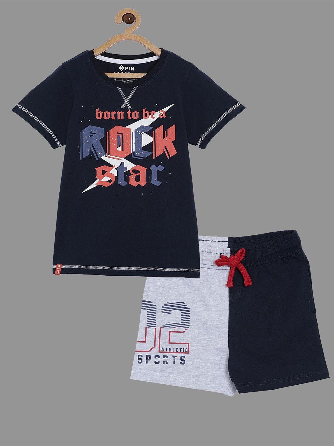 3pin boys navy blue & grey printed pure cotton t-shirt with shorts