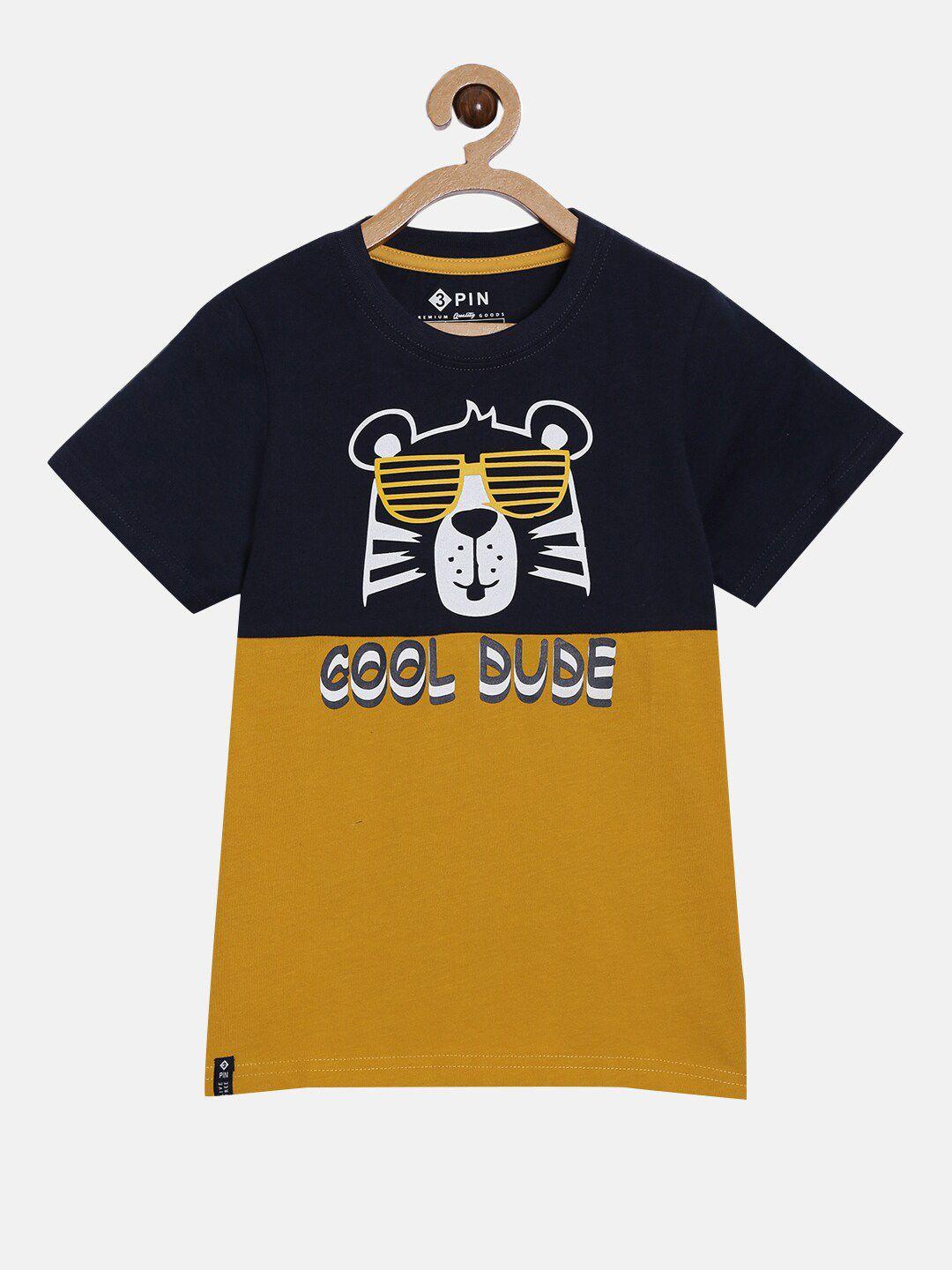 3pin boys navy blue & mustard graphic printed t-shirt
