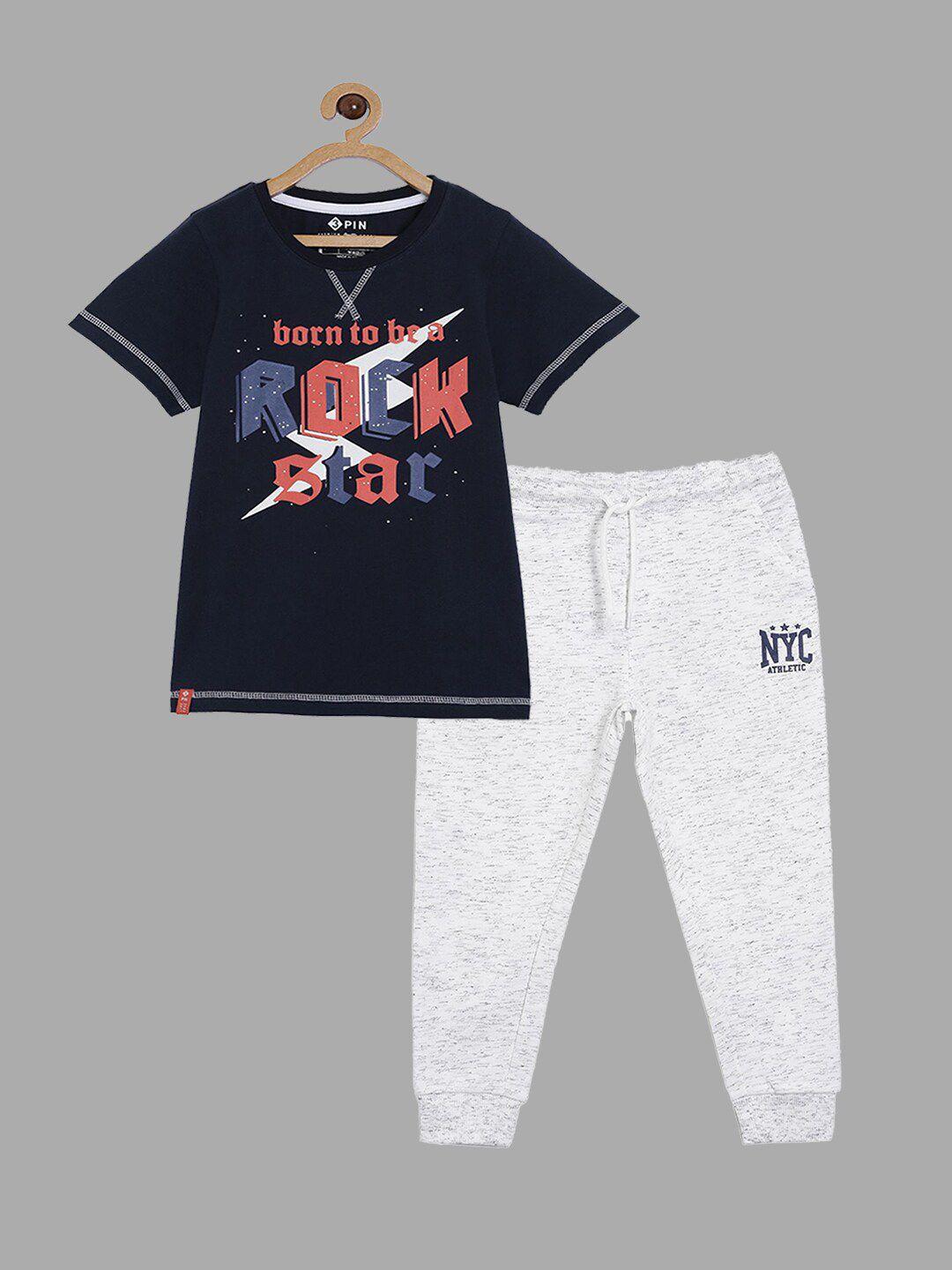 3pin boys navy blue & white printed t-shirt with trousers