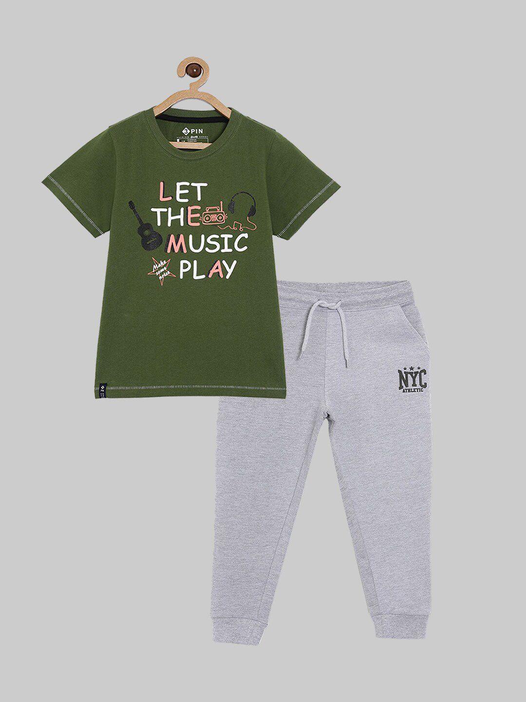3pin boys olive green & grey printed 2 piece cotton t-shirt jogger clothing set
