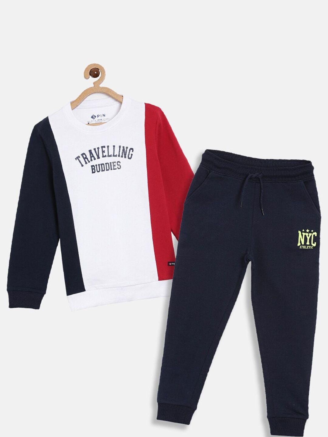 3pin boys red & navy blue colourblocked pure cotton sweatshirt with joggers