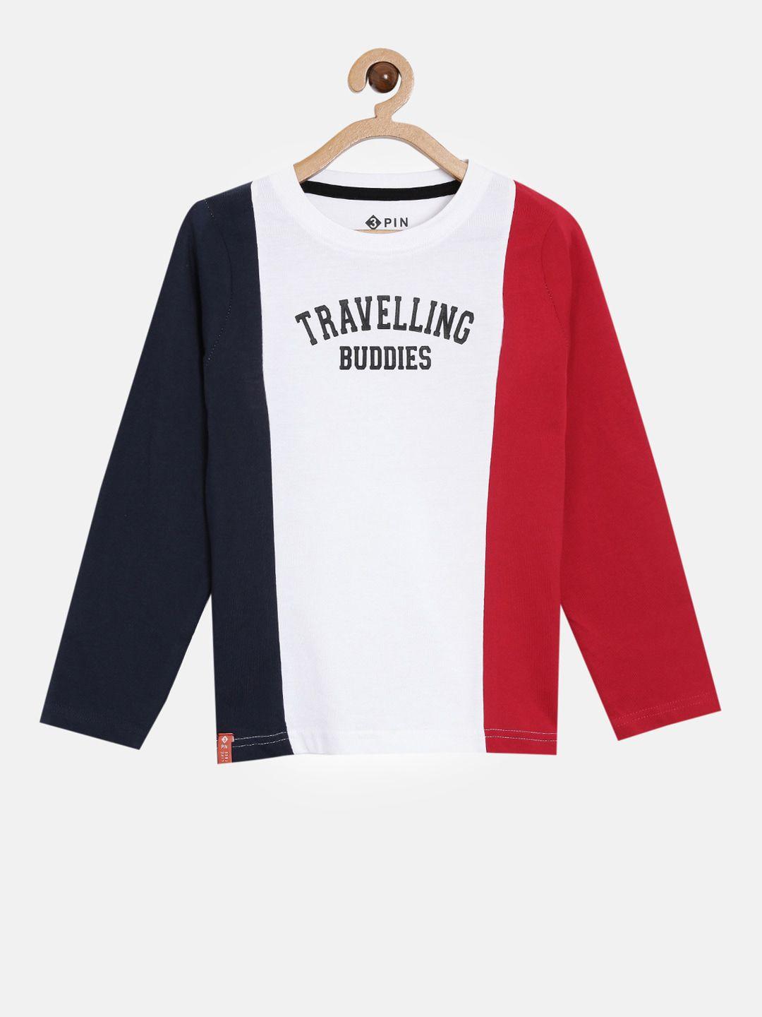 3pin boys red & white typography colourblocked applique cotton t-shirt