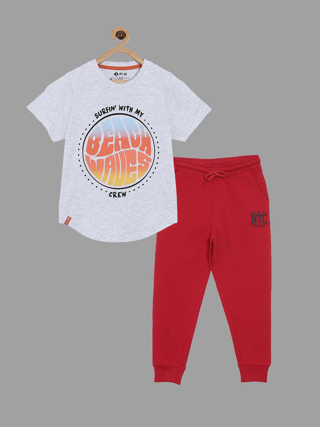3pin boys white & red printed 2 piece cotton t-shirt jogger clothing set