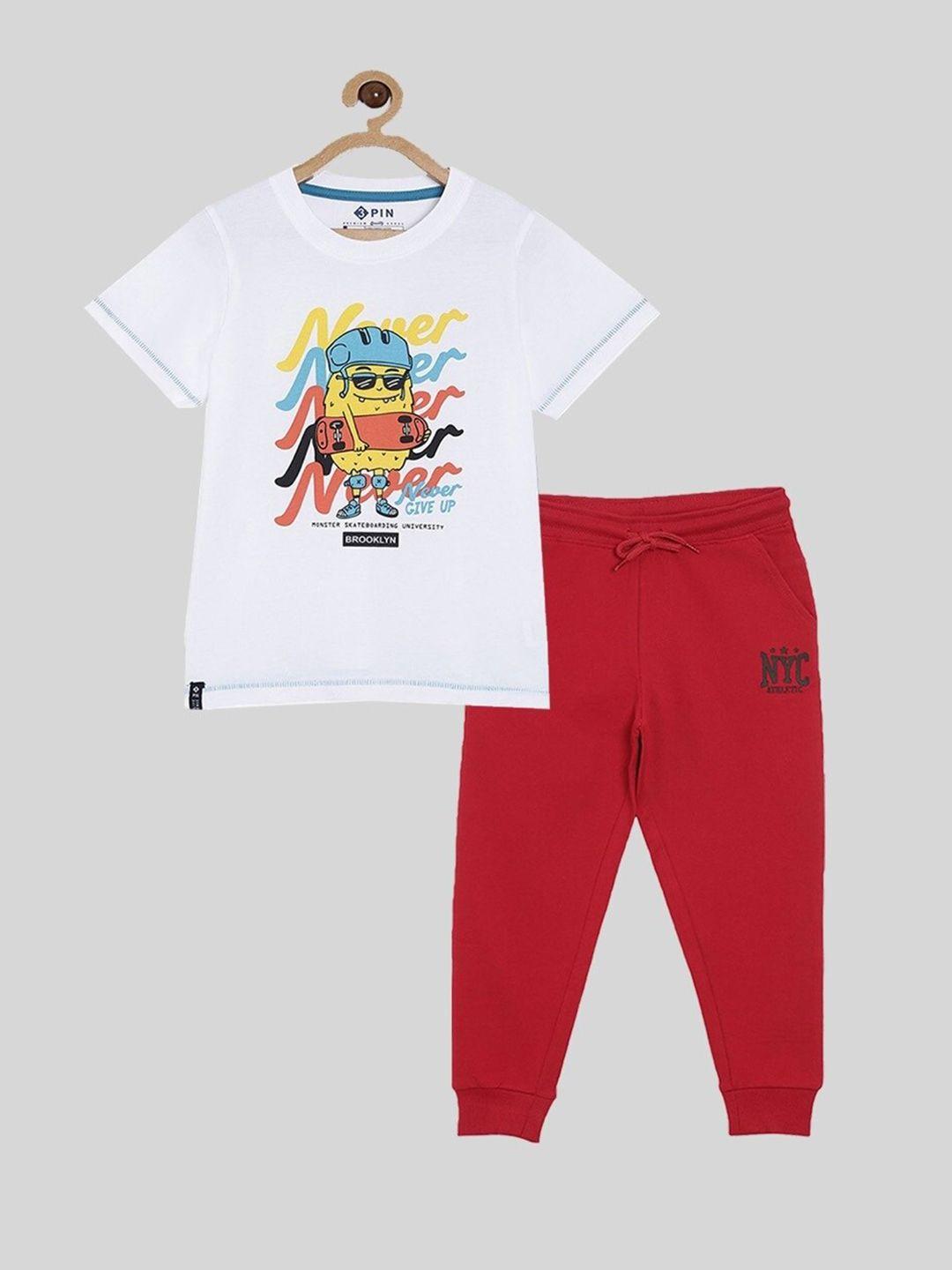 3pin boys white & red printed 2 piece cotton t-shirt jogger clothing set