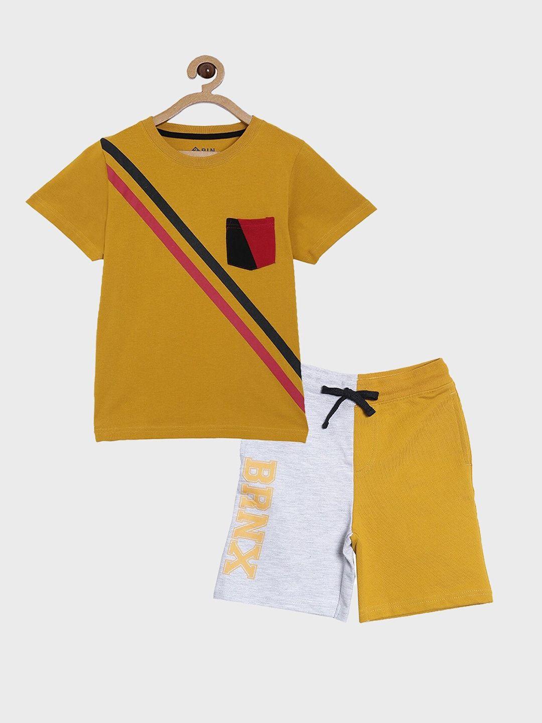 3pin boys yellow & white pure cotton printed t-shirt with shorts