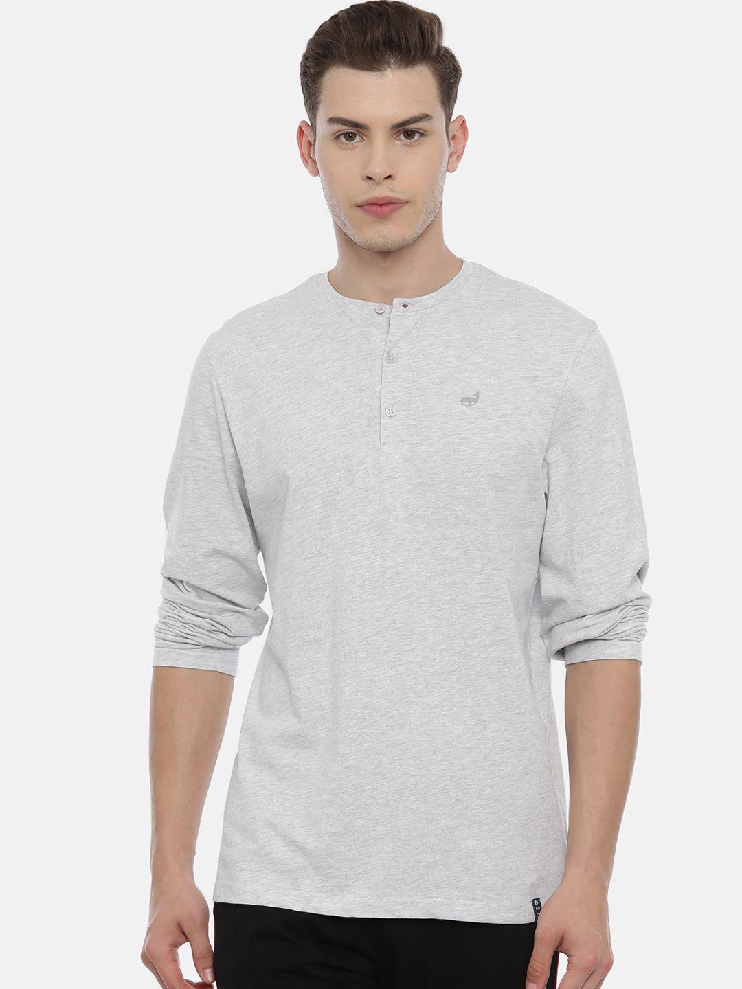 3pin men grey self design henley neck t-shirt