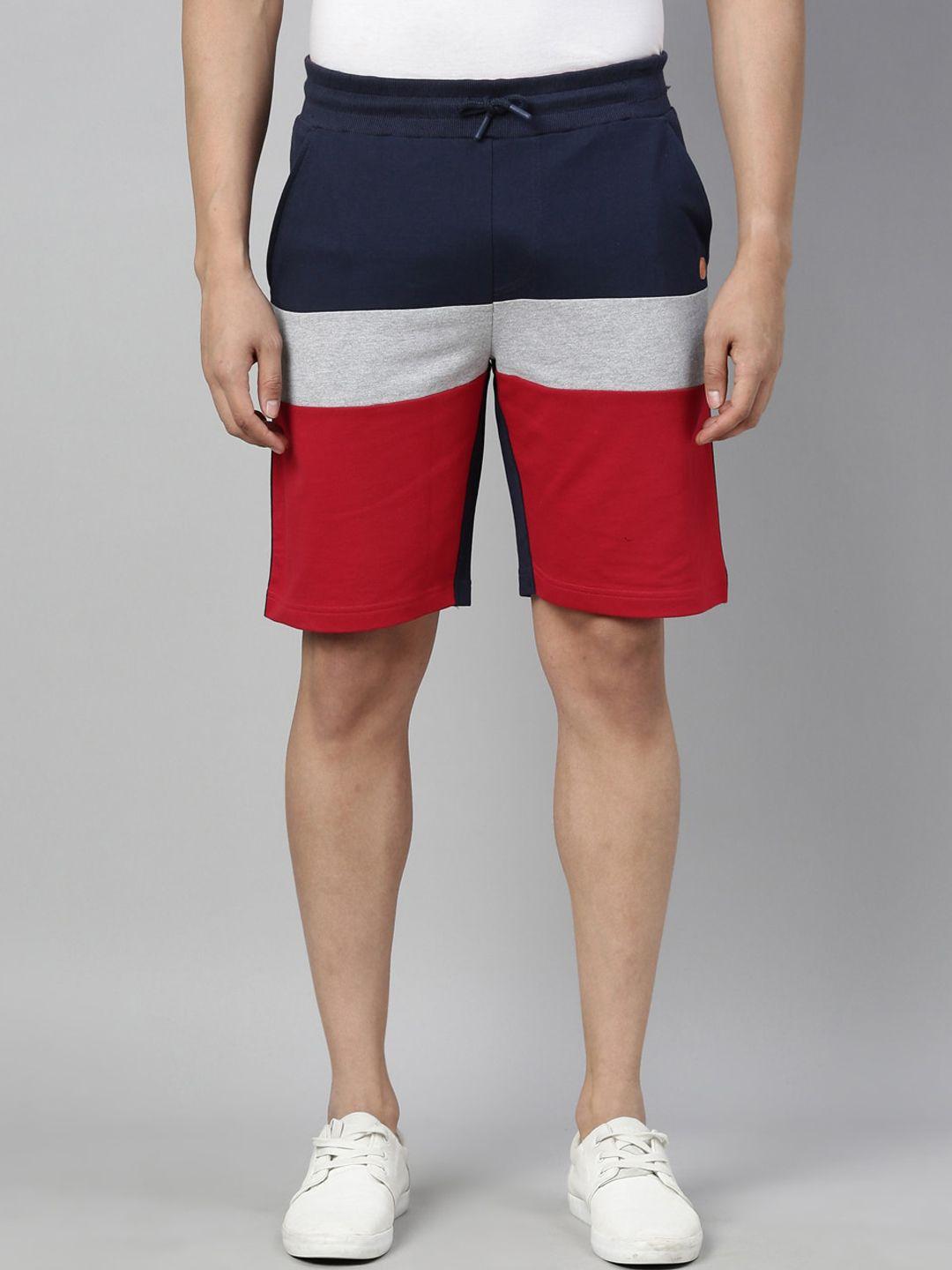 3pin men navy blue & red colourblocked regular fit regular shorts