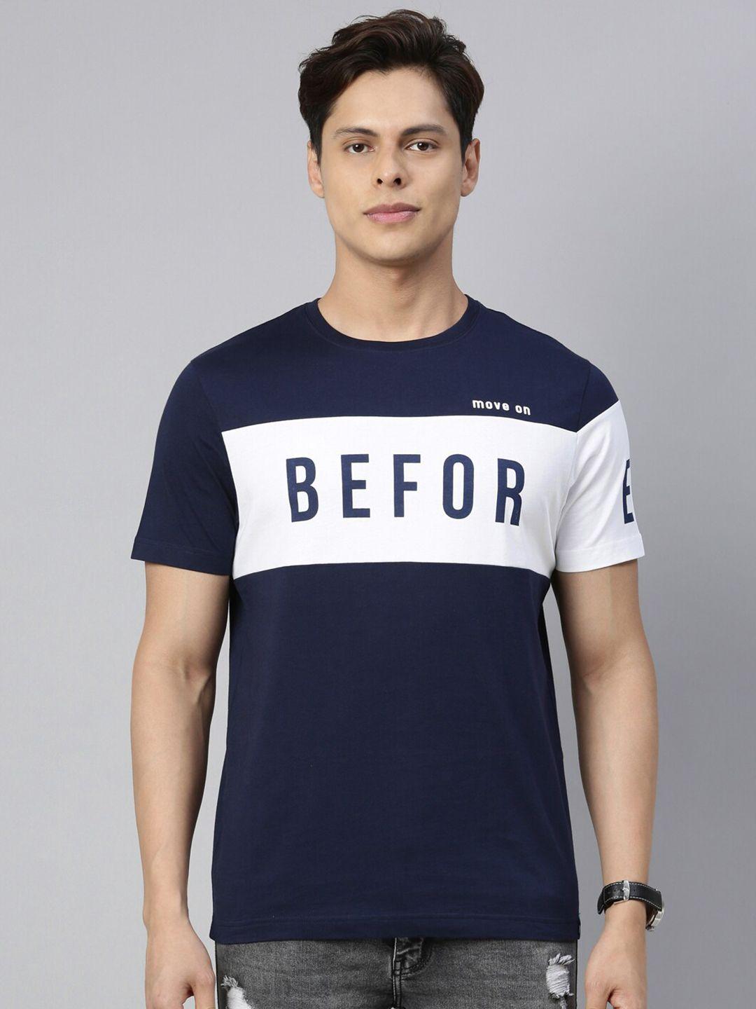 3pin men navy blue  white colourblocked round neck pure cotton t-shirt