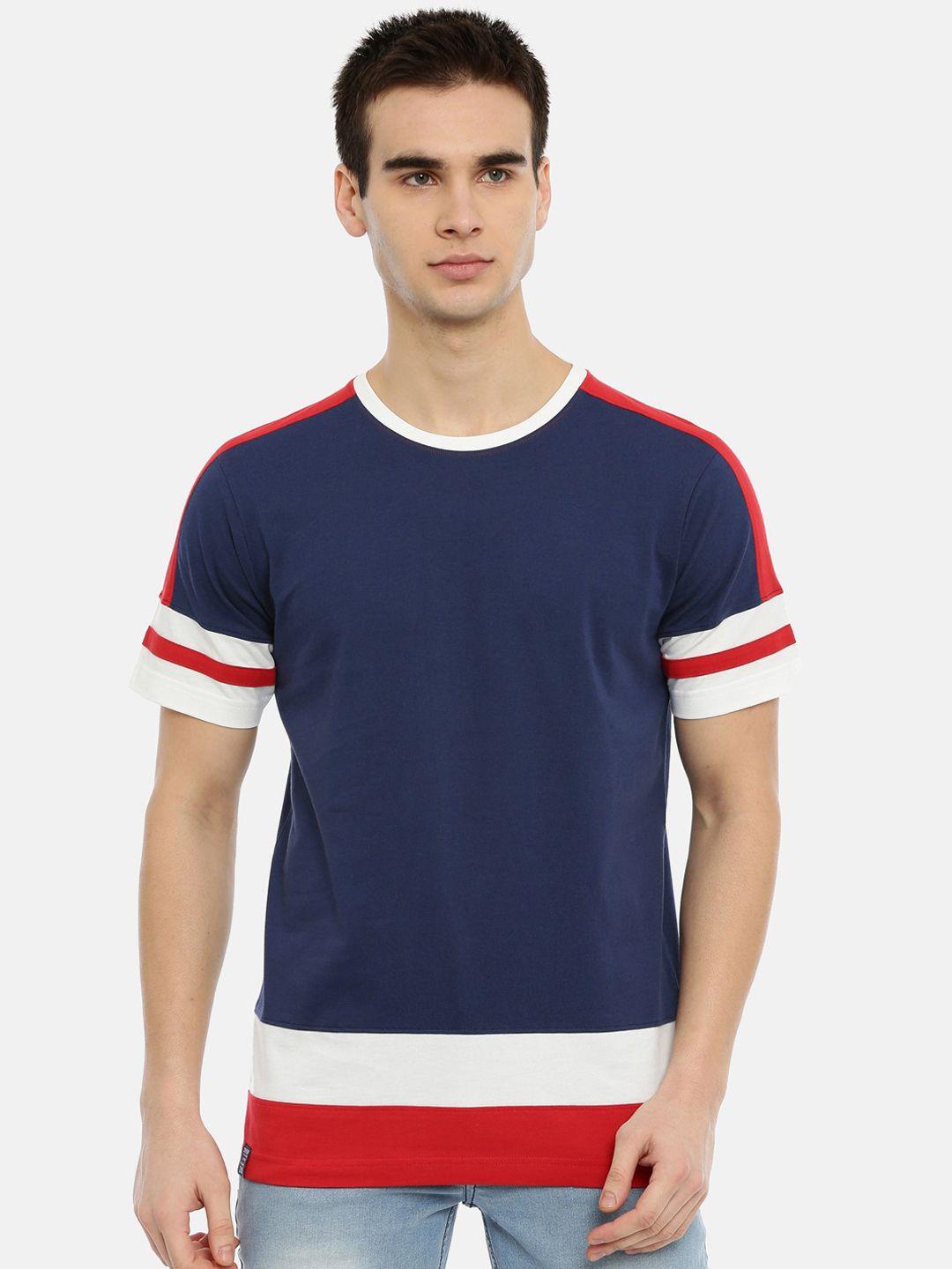 3pin men navy blue colourblocked round neck pure cotton t-shirt