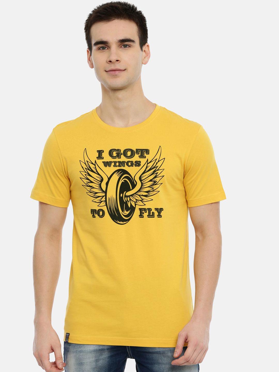 3pin men yellow printed round neck t-shirt