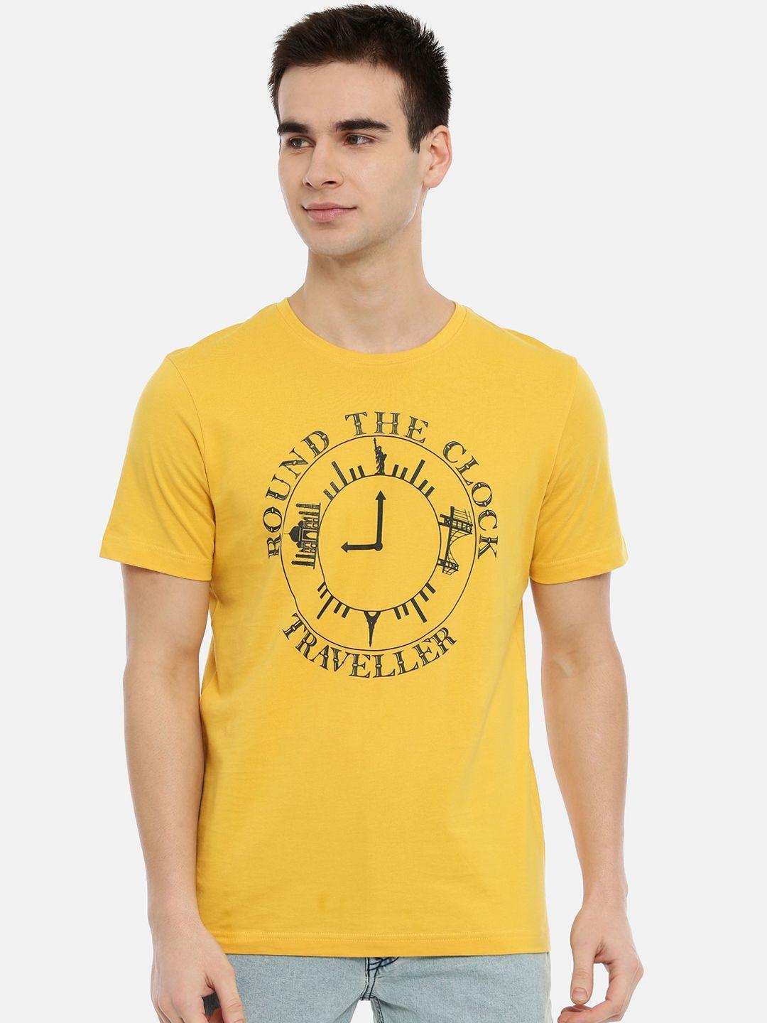 3pin men yellow printed round neck t-shirt