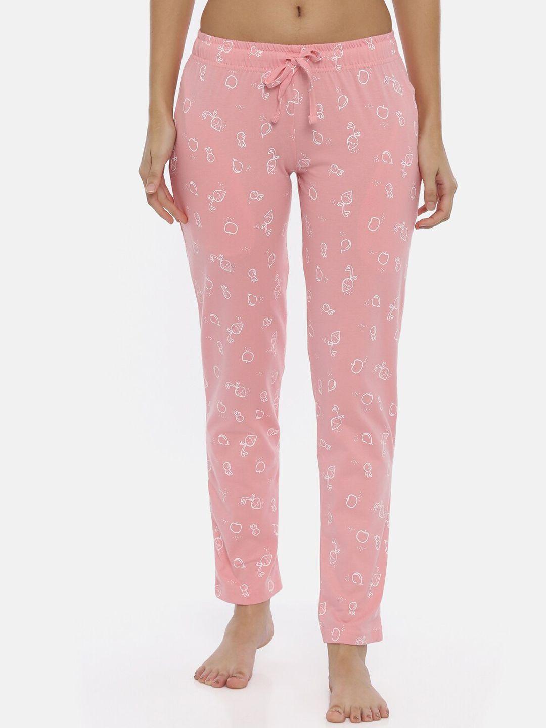 3pin women off-white & pink regular fit printed pure cotton lounge pants