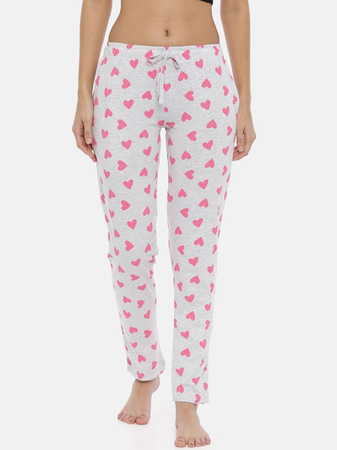 3pin women off-white & pink regular fit printed pure cotton lounge pants
