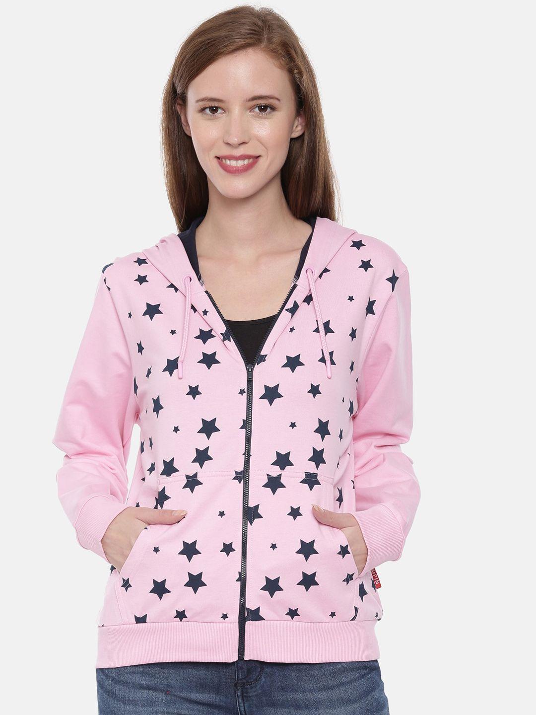 3pin women pink & black printed hooded sweatshirt