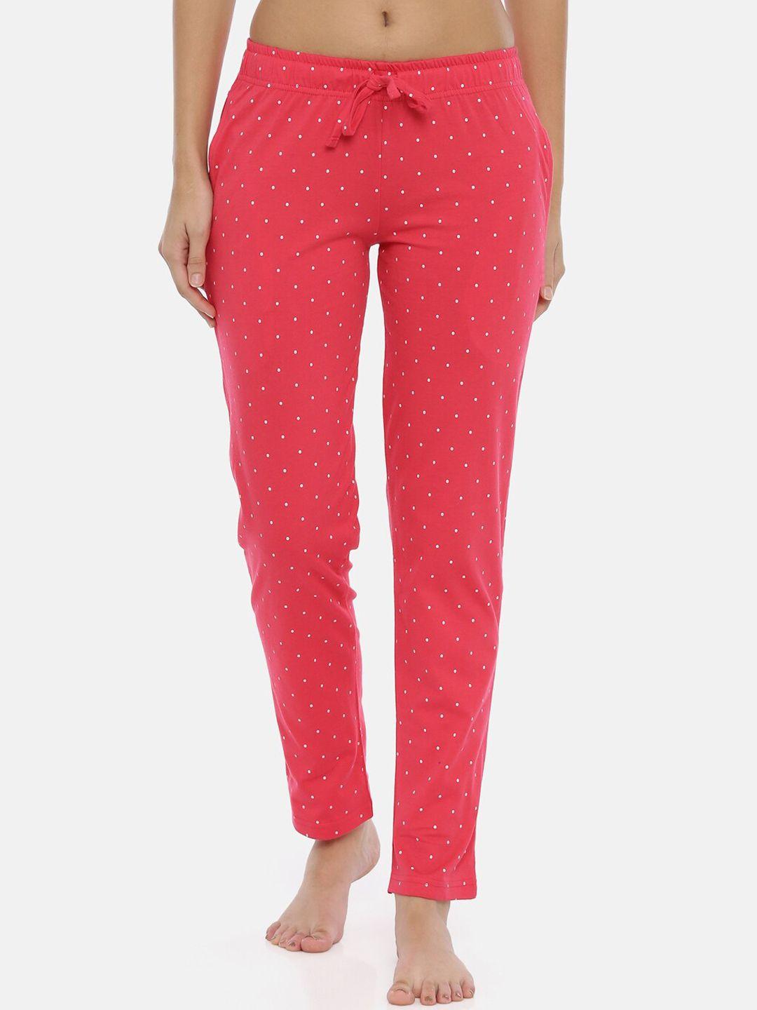 3pin women pink & white polka dot printed pure cotton lounge pants
