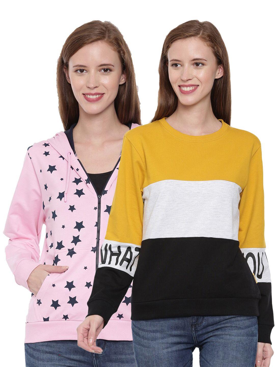 3pin women pink & yellow pack of 2 printed sweatshirt