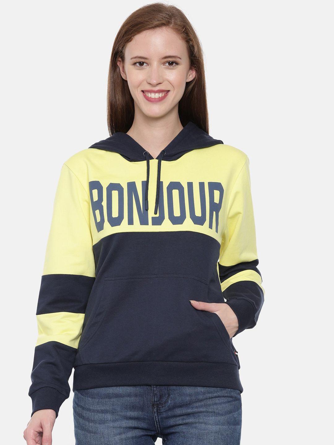 3pin women yellow & blue printed hooded sweatshirt