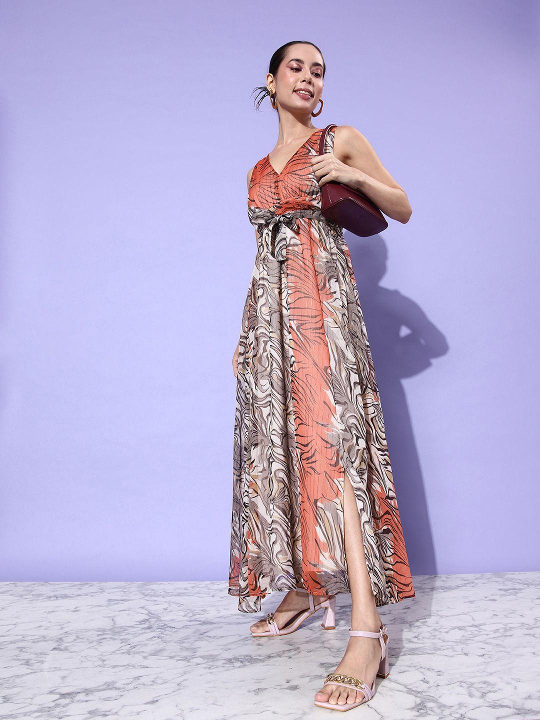4wrd by dressberry ash grey & orange soulful blooms printed empire style maxi dress