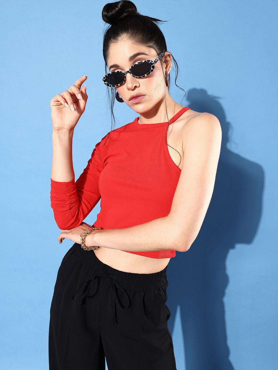 4wrd by dressberry bright red solid one shoulder the vacay attire crop top